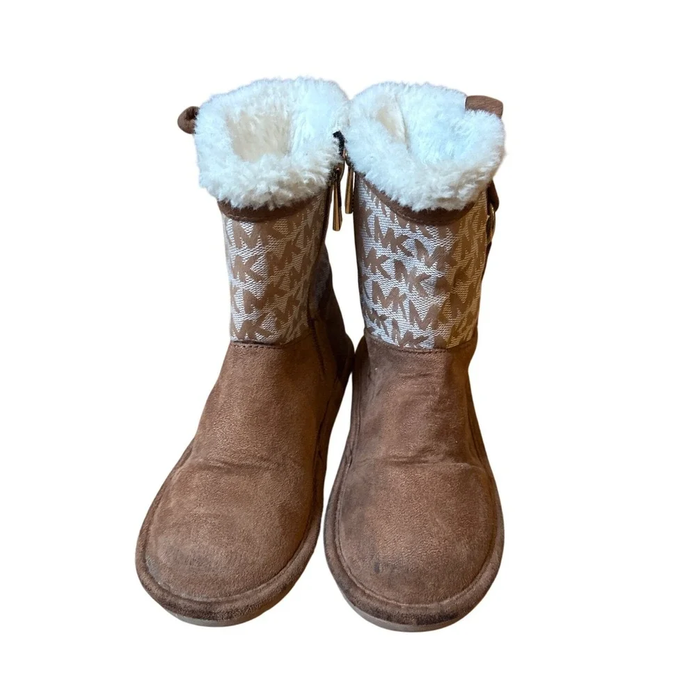 Michael Kors Winter Boots Kids Brown Monogram Faux Fur Logo SIZE 10